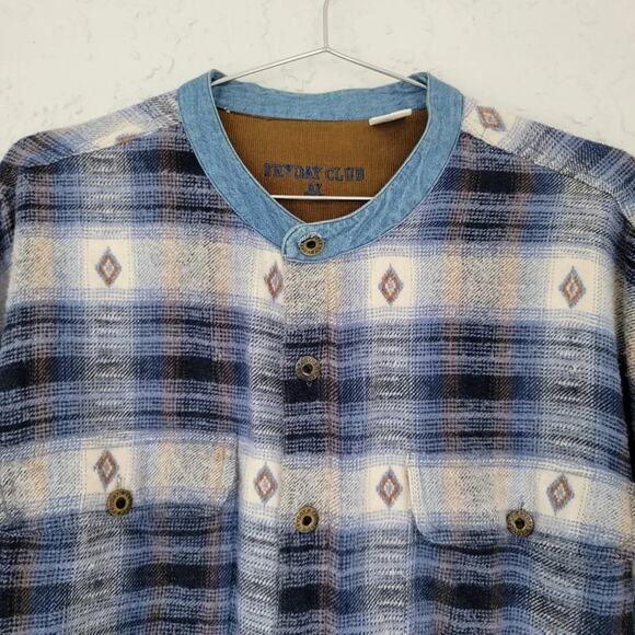 Fryday Club Button Down Shacket Mens Size XXL Blue White Plaid Aztec Cotton Long - Picture 2 of 9